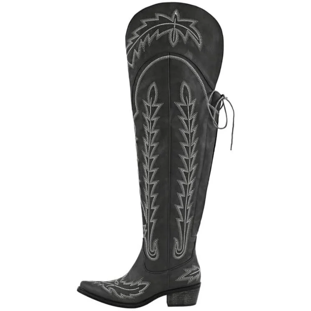 Women Black Synthetic Cowgirl Thigh High Wide Calf Embroidered Western Boots